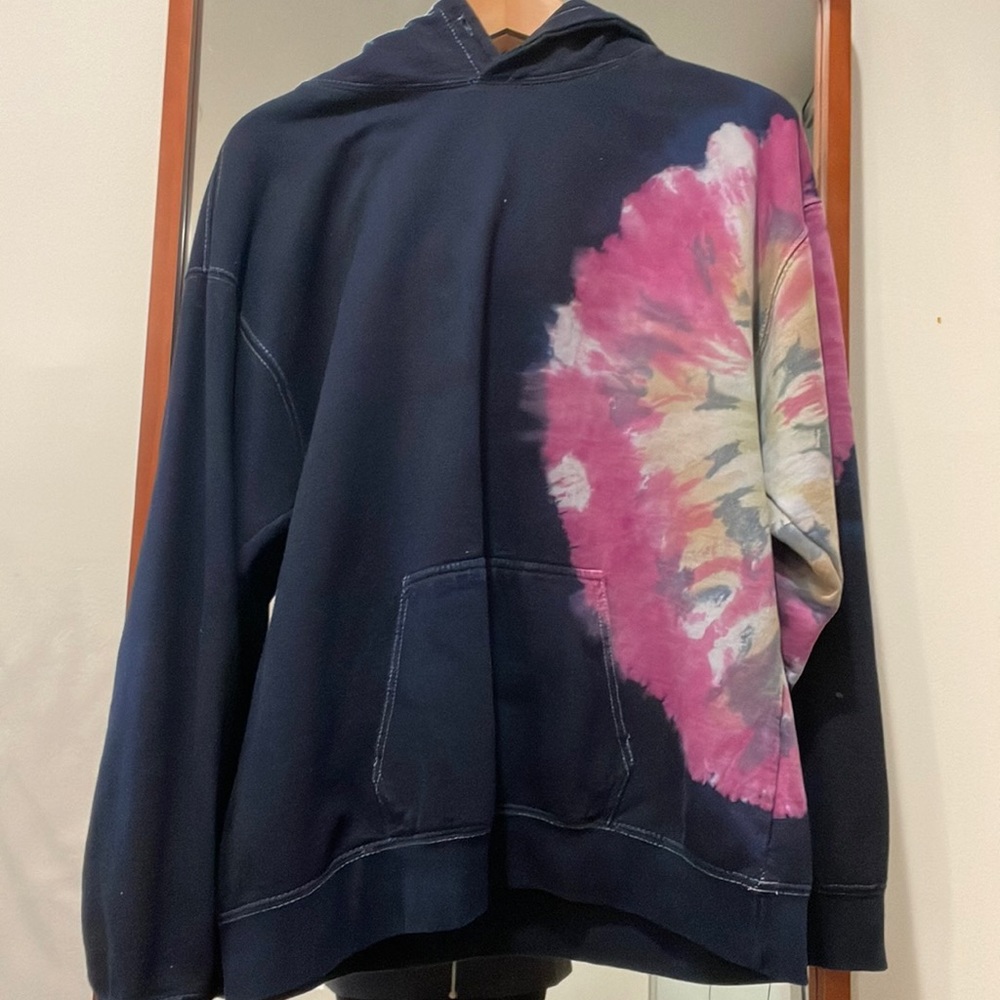Navy blue hoodie, cool tie-dye design- pink and yellow, medium